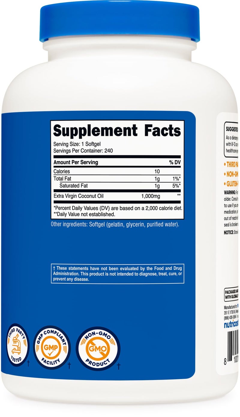 كبسولات زيت جوز الهند من نوتريكوست (1000 ملغ) 240 كبسولة - زيت جوز الهند البكر الممتاز - خالٍ من الغلوتين وغير معدل وراثيًا - Image 5